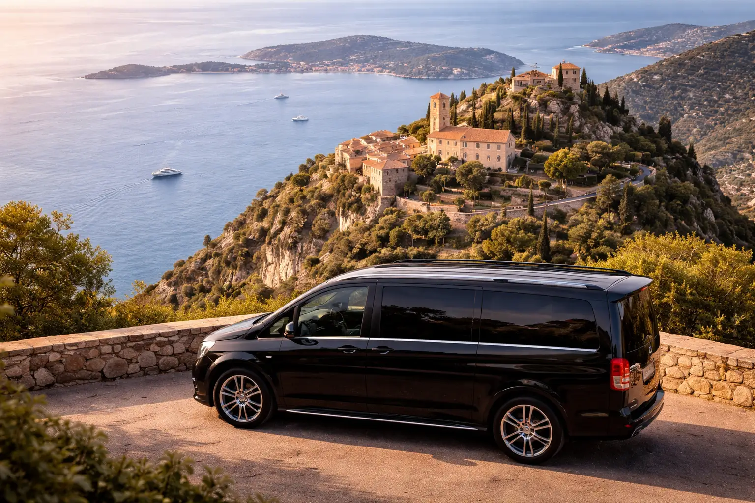 Chauffeur privé à Èze village avec van Mercedes face à la mer Méditerranée