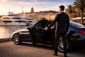 Chauffeur privé avec véhicule de luxe pour mise à disposition à Saint-Tropez, desservant plages, villas et événements