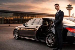 Chauffeur privé en costume ouvrant la porte d’une berline de luxe pour un transfert aéroport entre Nice et Saint-Tropez