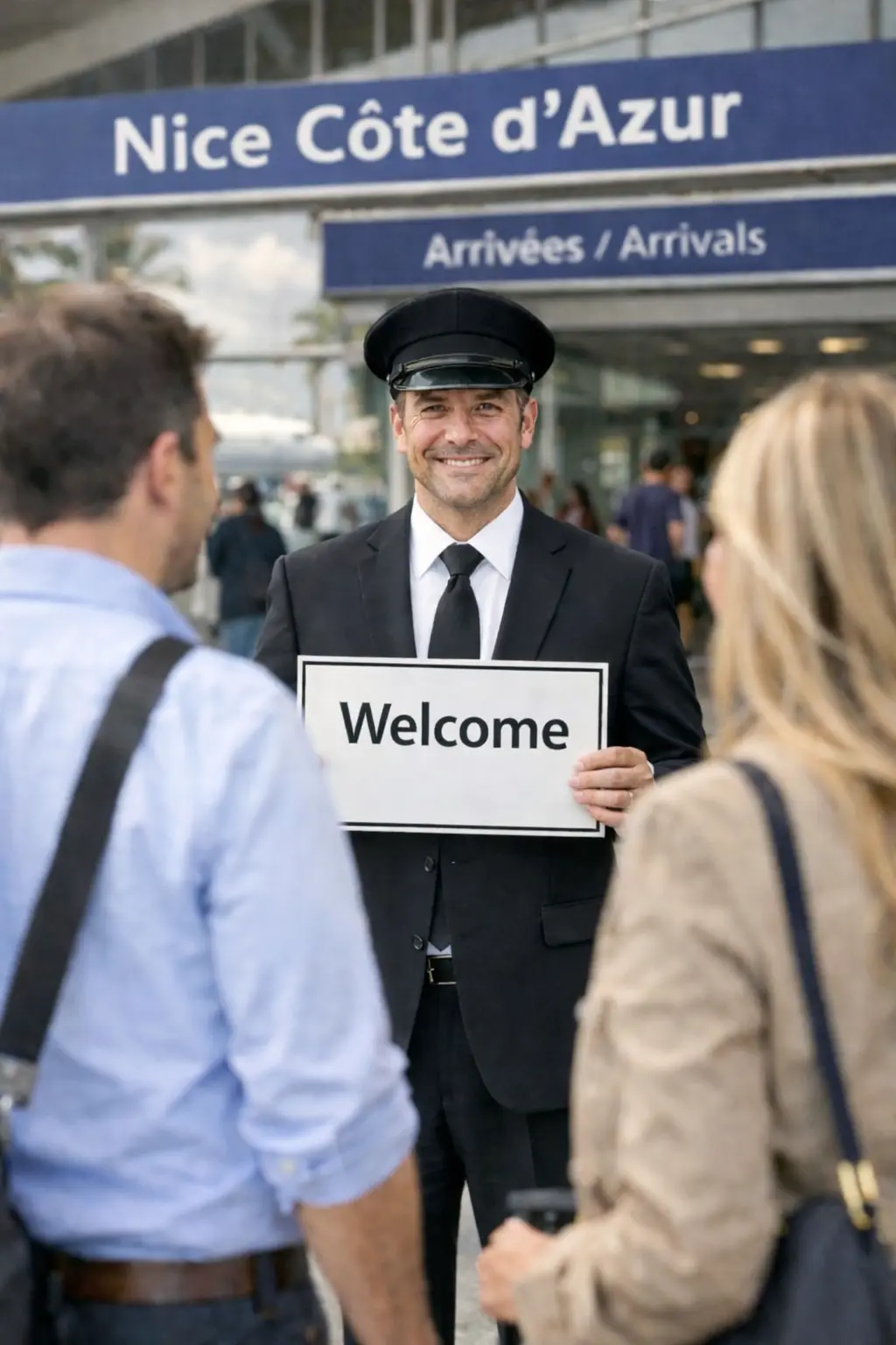 chauffeur prive aeroport nice accueil pancarte transfert luxe